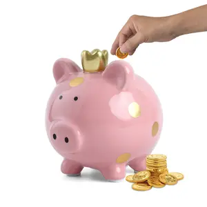 Small Ceramic Piggy Bank, Golden Polka Dot Piggy Bank with Crown, Small Piggy Bank Coin Bank Money Saving Bank for Kids Girls Boys(Pink/4.64”L x 5.51”W x 5.19”H)