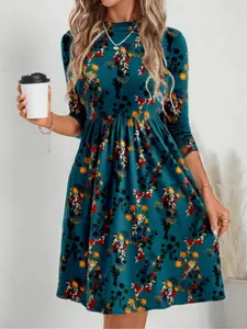 Women's Vintage Floral Print Slim Fit Long Sleeve Dress, Casual Elegant Fall Winter Fashion, Stylish and Comfortable Skirt
