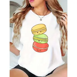 Women's Cute Stacked Macaron Emoji T-Shirt - Casual Sweet Foodie Graphic Tee for Daily Wear, Parties, or Gifting 100% Cotton T-shirt