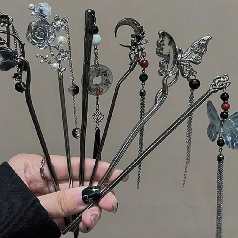 Retro Chinese Style Butterfly Tassel Hairpins Set for Hanfu, Qipao and Weddings, Floral & Metal Chopstick Pins, Wedding Hair Decor