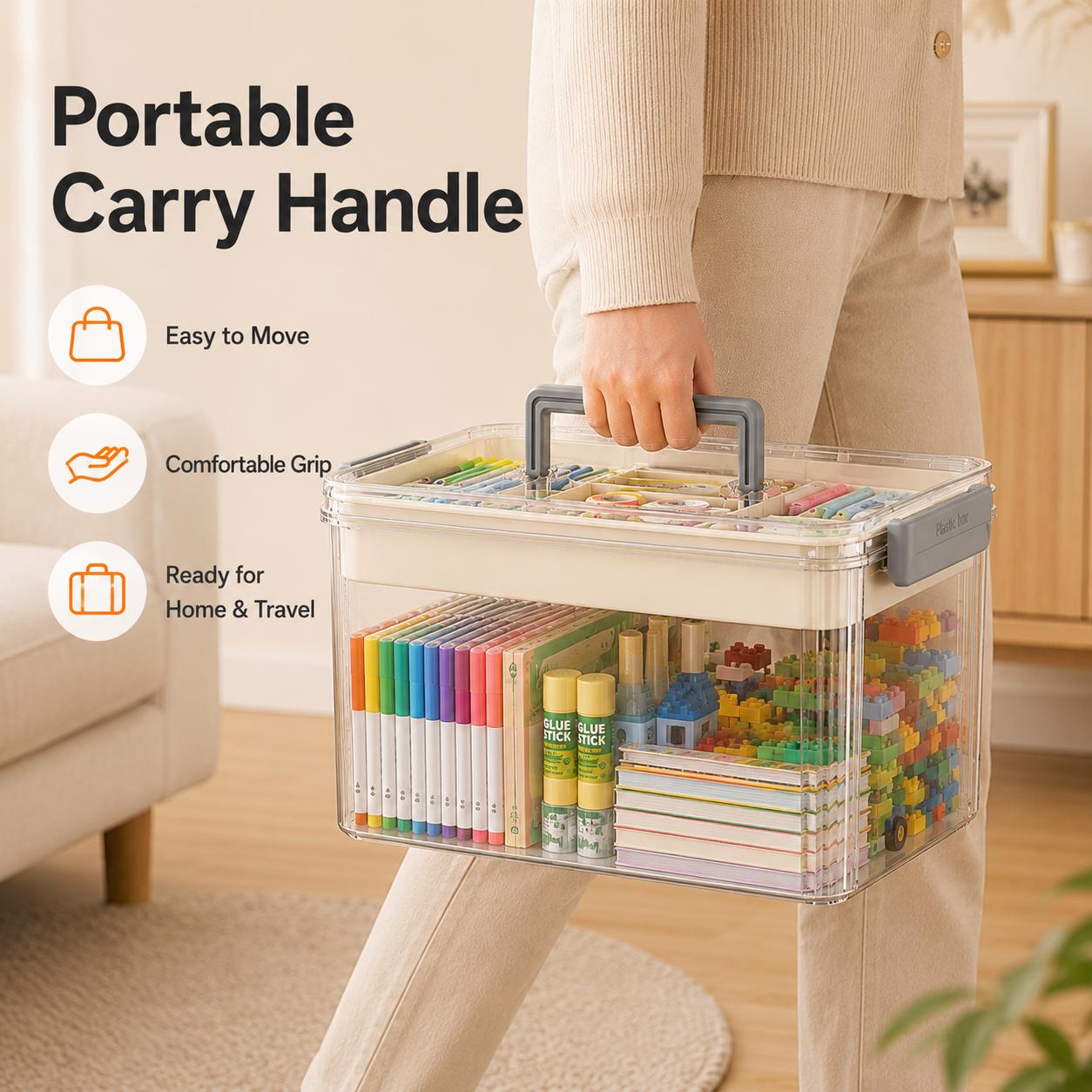 UFORU Compartmented 2-Tier Storage Organizer with Handle for Carry - Home Supplies Zoned Storage Organization, Large Capacity Portable Craft Box for Pens, Markers, Art Supplies, Kids’ Small Building Blocks & Toy Parts, Transparent Multipurpose Organizer