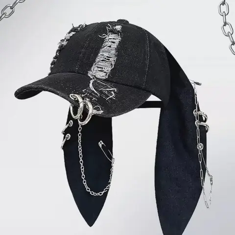 Unisex Wasteland Style Bunny Ear Baseball Cap, Punk Trucker Hat with Chain, Streetwear Hip Hop Costume for Halloween Party, Adjustable Streetwear Hat