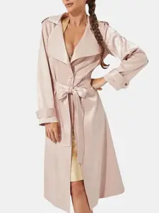 Women's Satin Trench Coat with Belt in Champagne, Fashionable & Versatile Coat perfect for Day or Night, Size Small Comfort Fabric