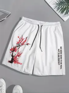 Men's Japanese Cherry Blossom Graphic Shorts, Casual Drawstring Athletic Shorts, Streetwear Fashion with Inspirational Slogan, Comfortable Cotton Blend Summer Wear, Unique Floral Design, Perfect for Daily Leisure & Street Style Enthusiasts