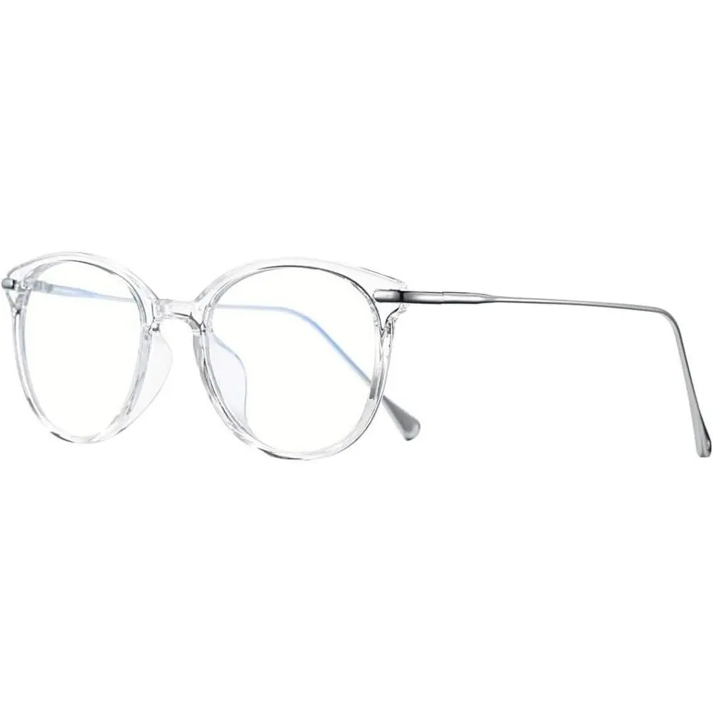 2-Pack Vintage Round Bluelight Glasses for Women with Small Faces, Full Rim Anti-Fatigue Screen Viewing Eyewear, Transparent & Silver Frames