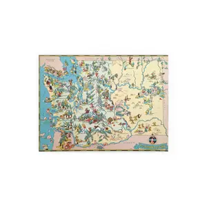 Washington Map Vintage Inspired Wall Decor of the PNW, 16 x 12 Map, Hiking and Outdoor Gifts, Cartoon Artwork, Illustrated Map of Washington State, Whimsical Pictorial Map with Landmarks & History