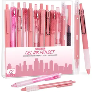 12 count Gel Pens Set, 11Pack Gel Pens with 1Pack Highlighter - -Drying Black Ink, Fine Point 0.5mm, Retractable, Cute Pens - Garnet Red Aesthetic Gel Ink Pens for Journaling