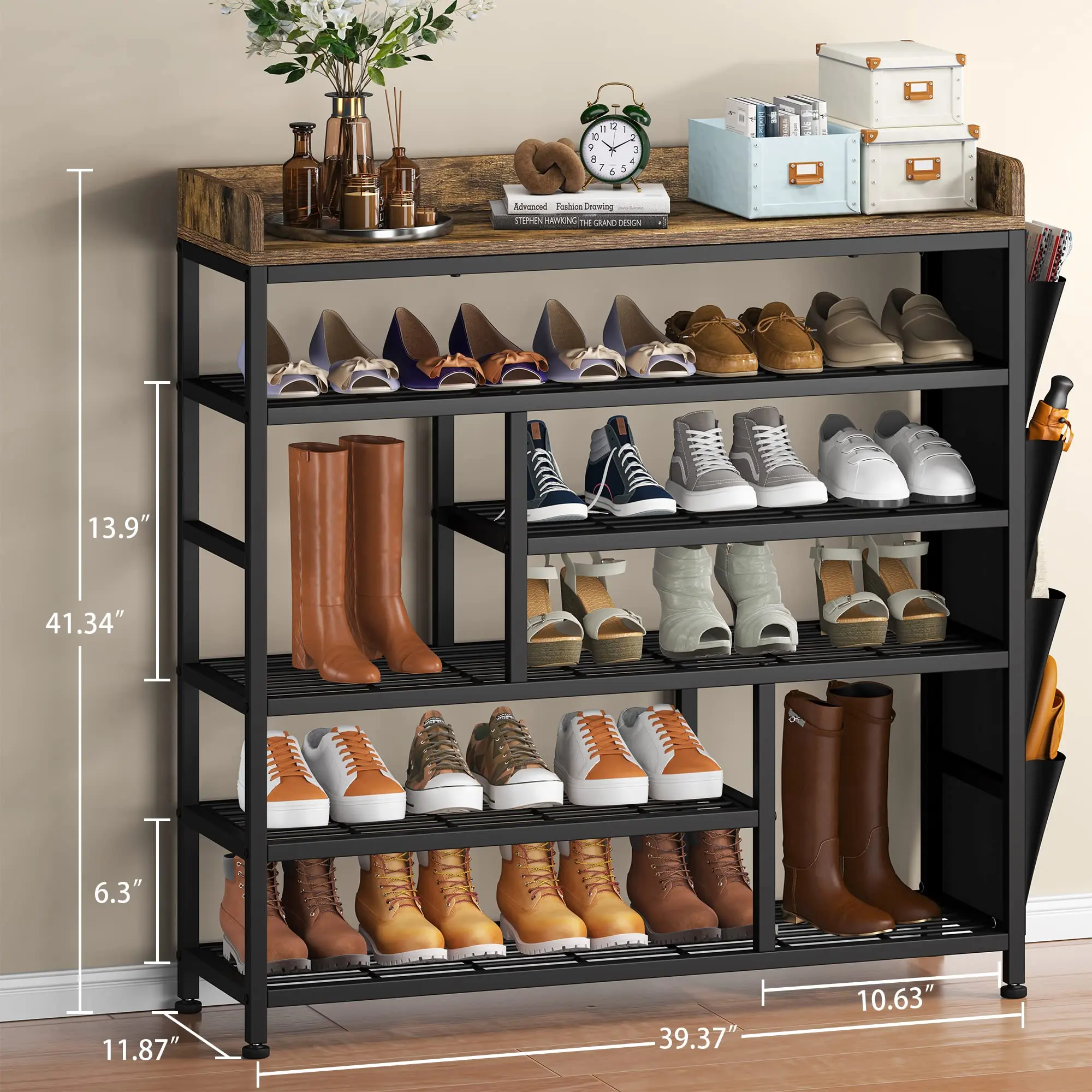 Raybee Furniture Shoe Rack for Entryway Metal Shoe Racks with Boots Storage for 18-22 Pairs Free Standing Entryway Wood Shoes Rack Shoe Shelf Wooden Top & Side Pocket for Entry, Entrance, Hallway, Black