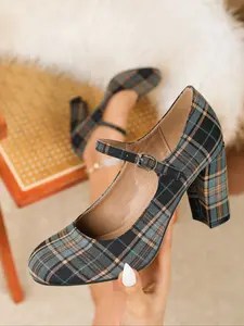 Retro Plaid Mary Jane Chunky Heel High Heels for Women – Round Toe, Scottish Tartan with Buckle Strap, Slip-On Pumps. Preppy Style High Heels – Versatile for Casual / Office / Daily Wear.