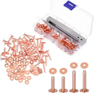 Copper Rivets and Burrs Kit 100Pcs Shoes Grounding #9#12 Brass Rivets Leather Work Leathercraft Rivet Setter with Leather Hole Punch Cutter Belts Wallets Handbags Collars
