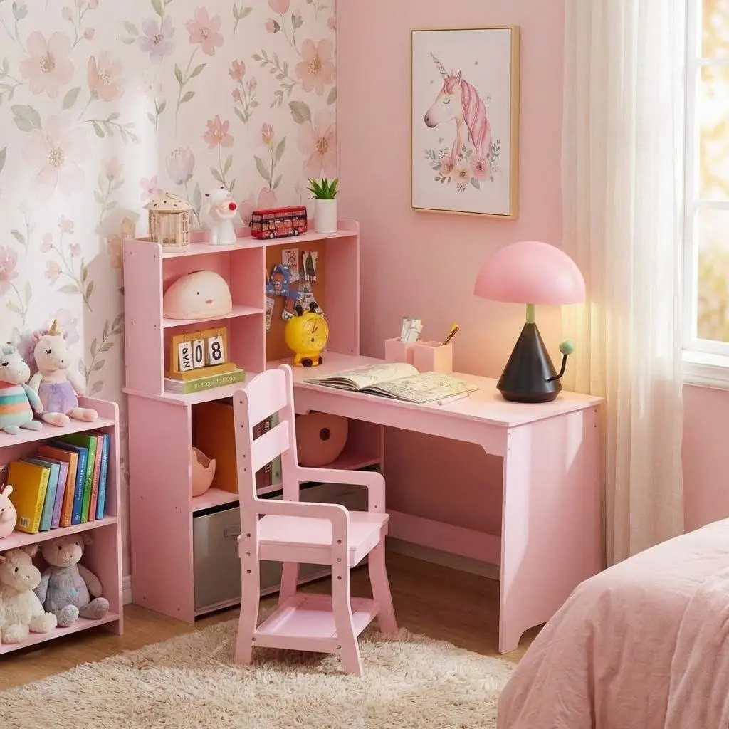 Space-Saving L-Shaped Kids Desk and Chair Set with Bulletin Board Bookshelf Cloth Drawers, Safe MDF Study Table for Reading Studying Activities, Pink