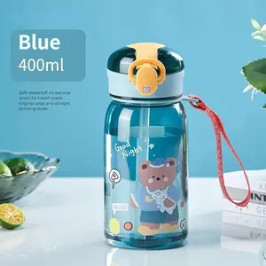Cartoon Teddy Bear Kids Plastic Cup Bottle Tumbler, Leakproof Water Bottle, Portable School Outdoor Use, with Strap, One-Click Open Lid, BPA-Free Straws for All Seasons