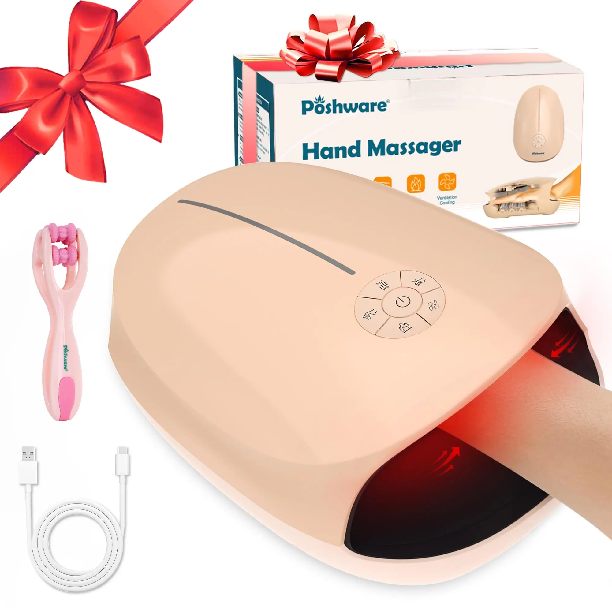 POSHware Hand Massager with Heat and Compression | 3 Levels Therapy Hand Massage with Kneading Rollers | Rechargeable Finger Massager for Arthritis and Pain Relief | Best Gift for Women, Men | Pink