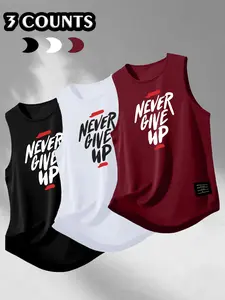 Men's 3-Pack "NEVER GIVE UP" Motivational Graphic Sleeveless Gym Tank Tops, Athletic Streetwear Style, Quick-Dry Breathable Fabric, Relaxed Fit & Crew Neck, Ideal for Gym Sessions, Weightlifting, Urban Street Style & Trendy Casual Wear, Perfect for Fitnes