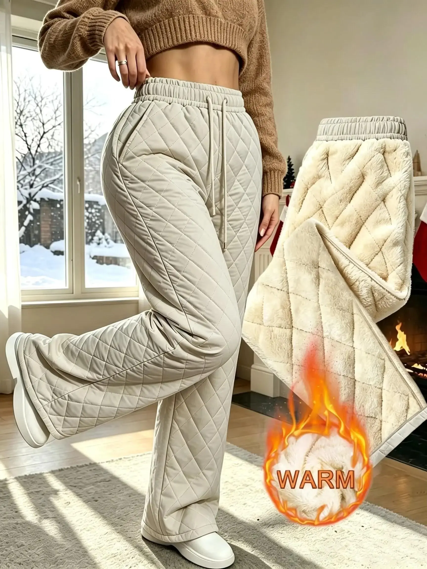 Women's Winter Polar Fleece-Lined Thick Sweatpants - Diamond Quilted, Elastic Drawstring Waist, Wide Straight Leg, Windproof, Comfortable, Minimalist, Foldable Everyday Fit Casual Pants for Outdoor Snow Wear