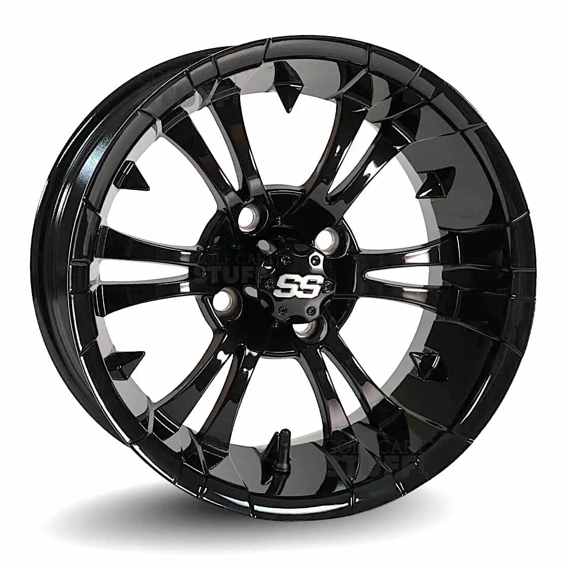 14"x7" ET-15 Offset Vampire Gloss Black Aluminum Golf Cart Wheels with SS Center Cap, Valve Stem and Cap