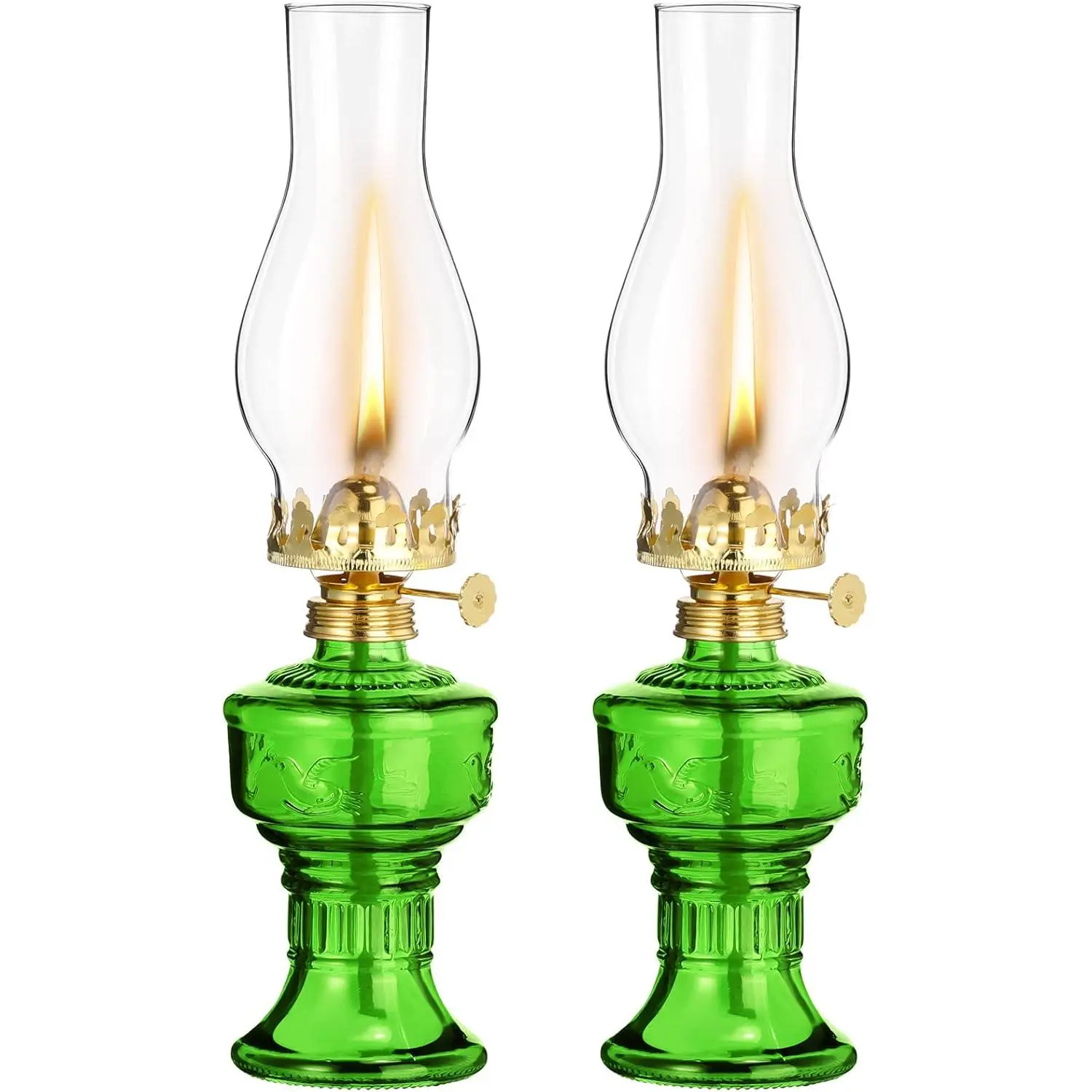 2-Pcs 13'' High Green Vintage Chamber Oil Lamps, Rustic Hurricane Kerosene Lanterns with Adjustable Wick for Home Emergency Lighting, Living Room Room Decor
