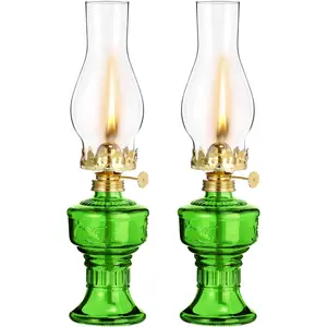 2 Pcs Vintage Chamber Oil Lamps for Indoor Use Rustic Hurricane Kerosene Lantern with Adjustable Wick for Home Emergency Lighting 13'' High(Green)
