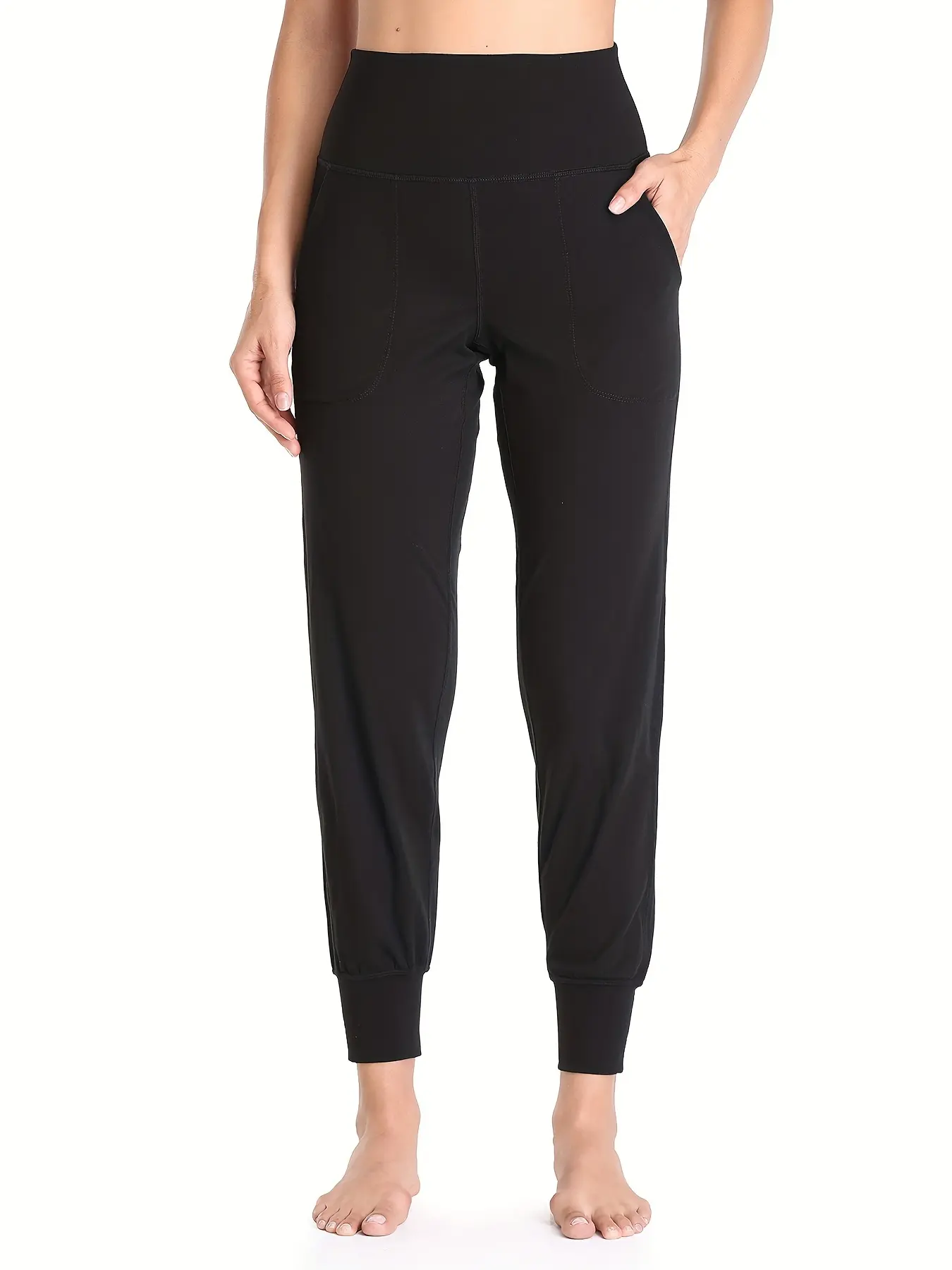 High Waist Black Jogger Pants with Slant Pockets - Stretchy and Loose Women's Activewear for Casual and Yoga Wear