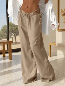 Linen Wide Leg Pants Womens Low Rise Drawstring Waist Adjustable Loose Fit Straight Long Trousers Cut Out Side Strap Chic Minimal Vacation Beach Resort Casual Streetwear Summer Bottoms