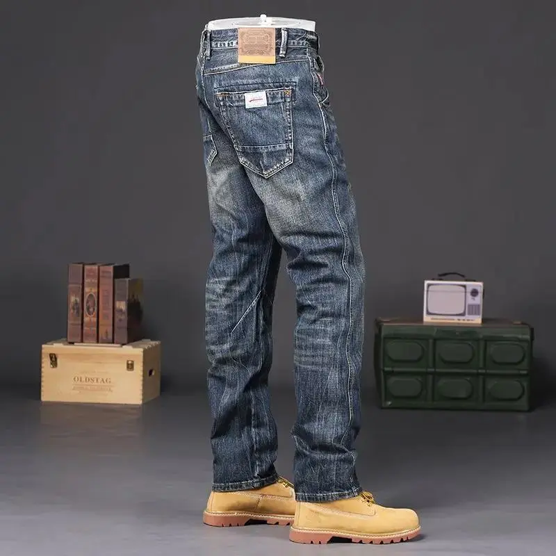 Men's Vintage Washed Straight Leg Casual Comfy Jeans - Full Length Work Wear Cowboy Pants with Seam Pockets, Plus Size Retro Classic Beige Menswear, Denim