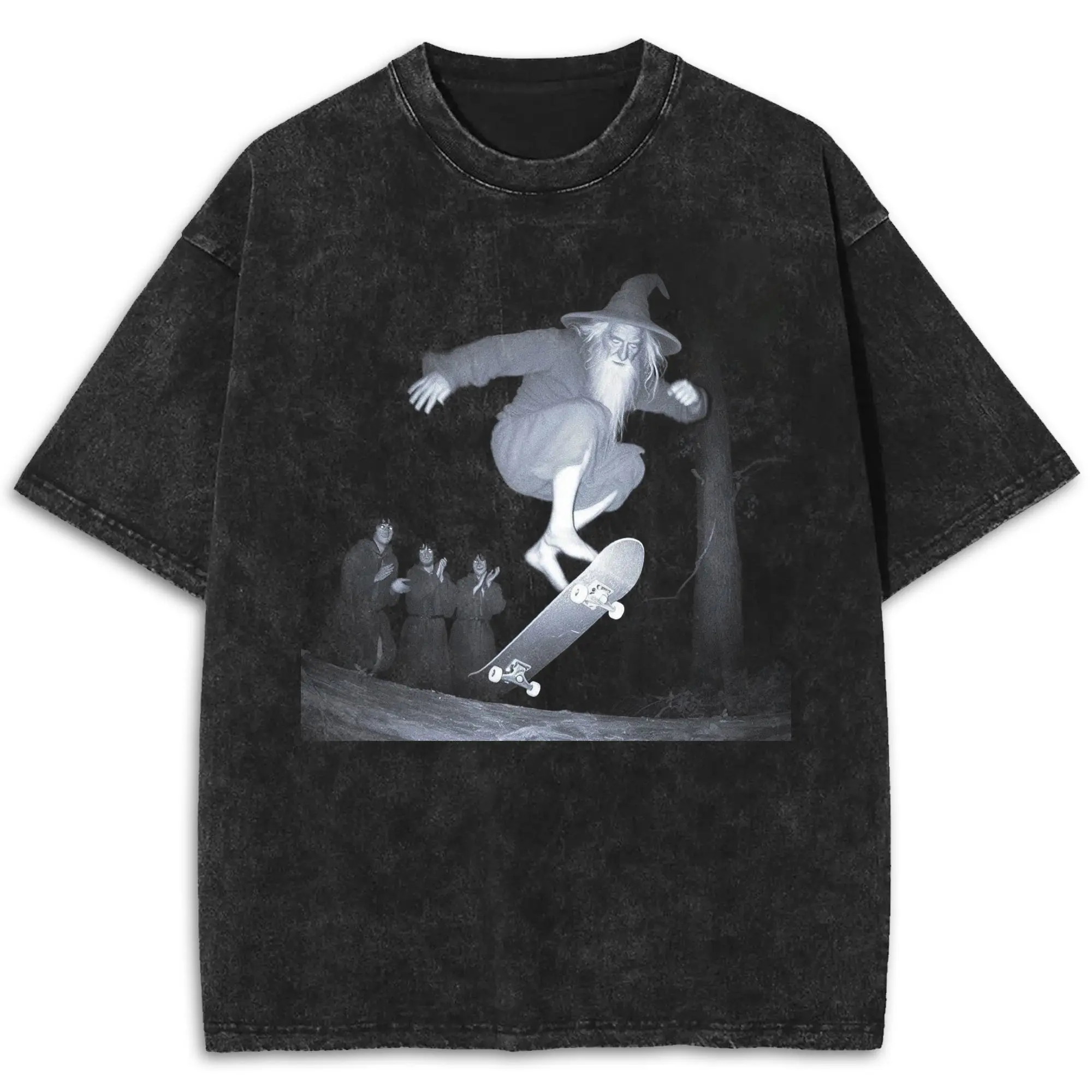 Funny Gandalf Skateboard Acid Wash T-Shirt, 90s Vintage Magic LOTR Funny Meme Crewneck Shirt, Retro LOTR Movie Tee, Menswear Top Streetwear