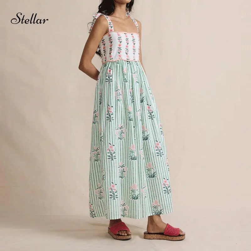 Women 2026Summer Boho Dress Floral Printing Sleeveless Tie Shoulder Flowy Maxi Dress Y2k Beachwear Sundress