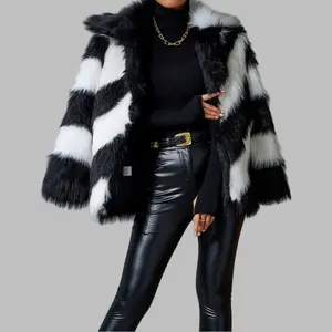 Women's luxurious black and white faux fur coat, autumn winter thickened warm eco-friendly faux fur overcoat, long sleeves jacket wear Casual Chic Womenswear Tops