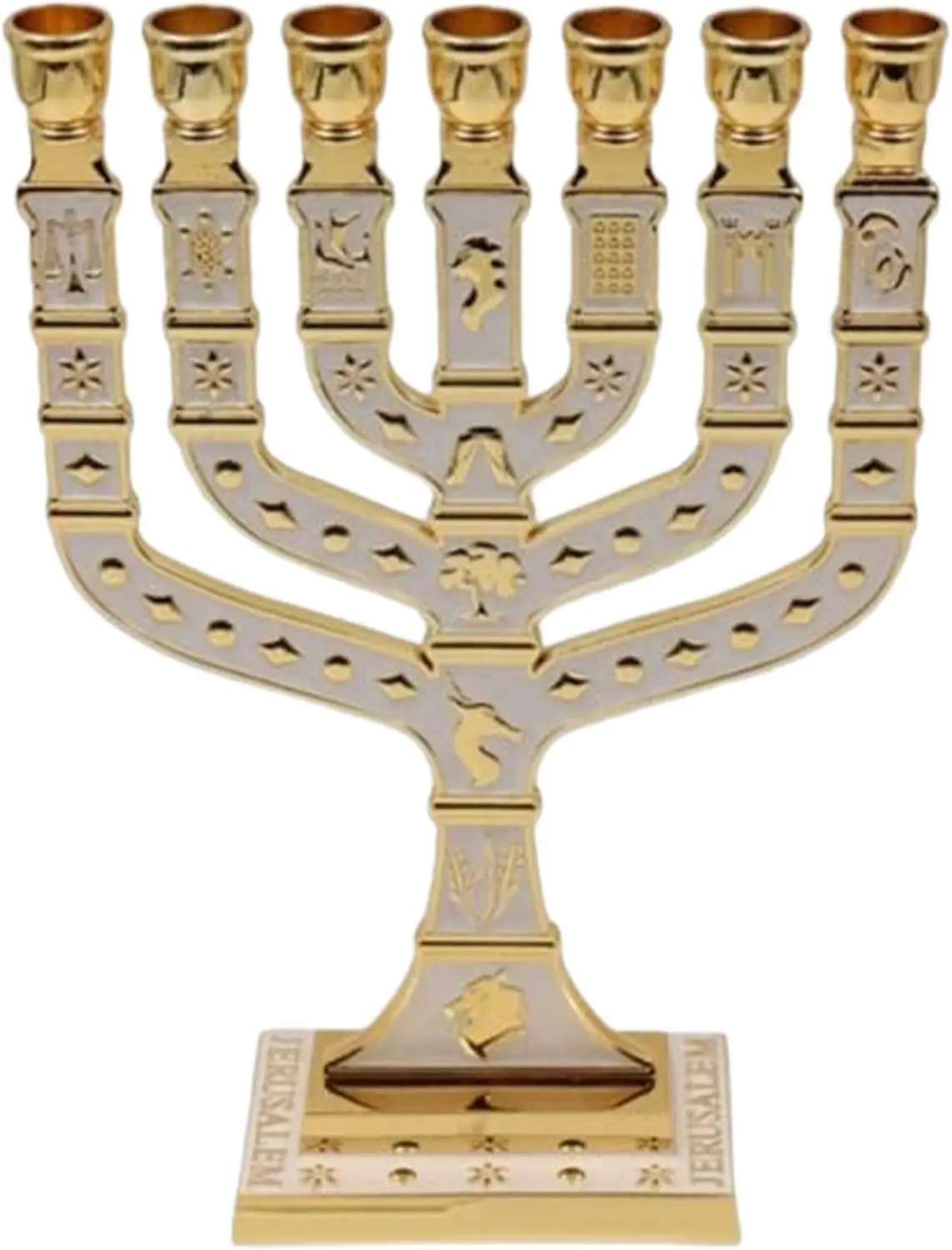 Traditional Jerusalem Menorah 7 Branch, Enamel Finish, with 12 Tribes of Israel, Jewish Candle Holders (10.8 inch)