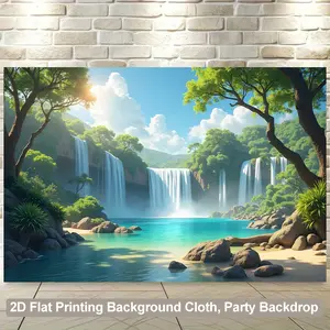 2D Backdrop Banner 1pc, Fresh Summer Sunshine Forest Lake Waterfall Scenery Picture Polyester Fabric Wall Covering, Suitable for Living Room, Bedroom, Office and Outdoor Decoration Background Cloth, Perfect for Parties and Holiday Gifts, 8x6ft