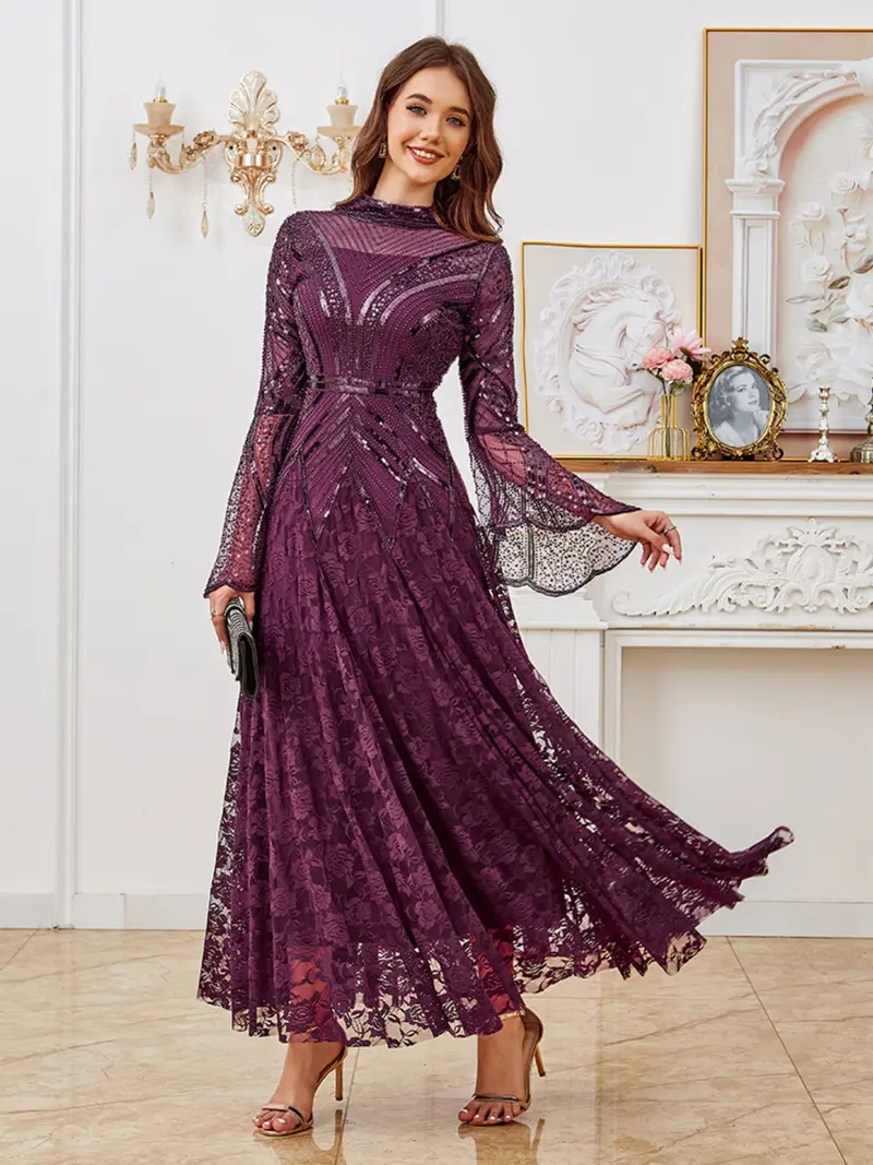 slim fit dress slacks Beaded High-Neck Long-Sleeves Fitted Evening Dress Pleated Satin Floor –  Laxag main image 0