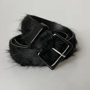 Y2K Fluffy PU Leather Belt - Trendy Beige & Brown Faux Fur Waistband with Black Metal Buckle, 1.5inch Width, Perfect for Casual Streetwear, Parties, and Everyday Style  belt belts for women