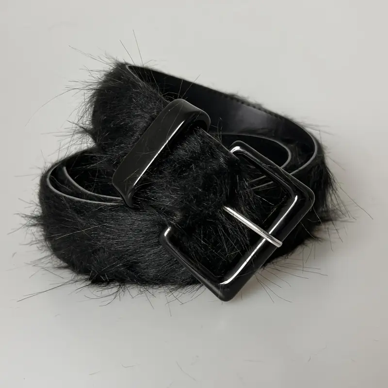 Y2K Fluffy PU Leather Belt - Trendy Beige & Brown Faux Fur Waistband with Black Metal Buckle, 1.5inch Width, Perfect for Casual Streetwear, Parties, and Everyday Style  belt belts for women