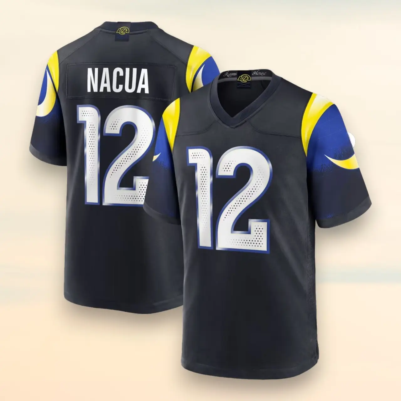 Men's Nacua 12 Football Graphic Jersey Shirt, LA Dark Blue Full Print Athletic V Neck Short Sleeve Sports Top, Unisex Game Day Fan Apparel, Breathable Casual Performance Tee for Football Lovers, Stadium Outfit and Sports Gift