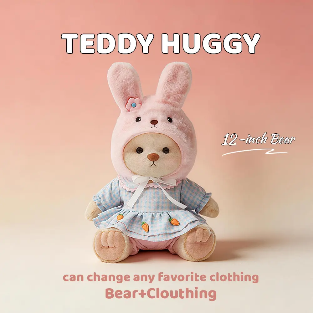 TEDDY HUGGY Bunny Plaid Dress Teddy Bear Outfit -3-Piece Set for 12-Inch Plush Bears, Soft Stuffed Animal Clothes, Rabbit outfit, Plaid shirt with carrot, Rabbit hat seperatly