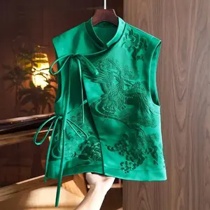 Chinese - Style Women's Waistcoat for Spring/Summer: New Retro Design with Stork Embroidery and Belt - Tie Detail