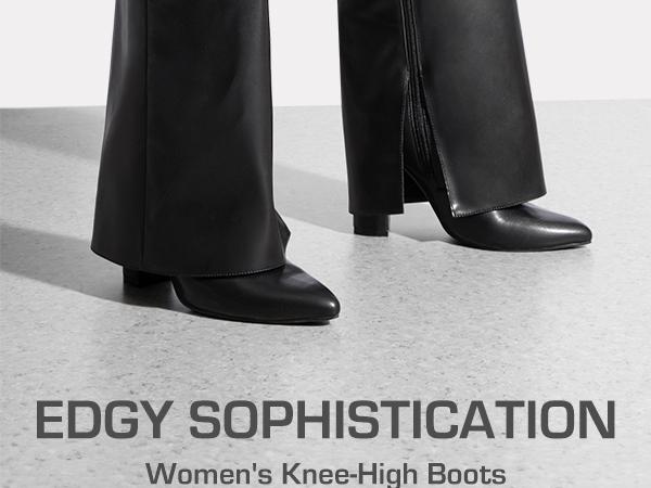 Dream Pairs Women's Fold-Over Knee-High Boots - PU Leather, Pointed Toe, Chunky Heel, Side Zip, 4mm Latex Cushioned Insole, Party Chunky Shoes, Casual Footwear