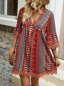 Lace Trim Printed V-Neck 3/4 Sleeve Dress