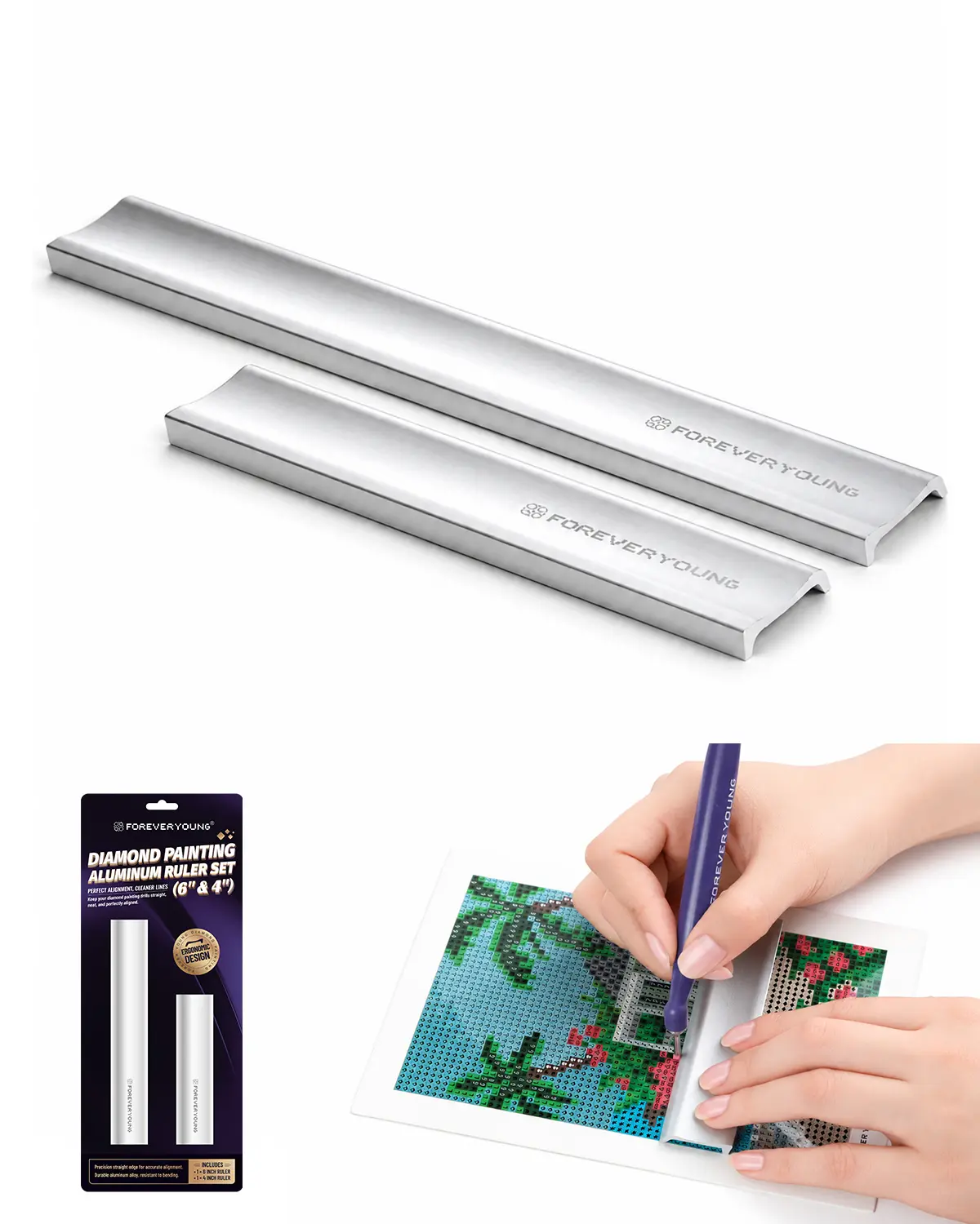 ForeverYoung Ergonomic Diamond Painting Aluminum Ruler Set (2 Rulers: 4in & 6in), DIY Needlework Tool for Beginners, Aligns Drills & Enables Easy Lift for Clean Results