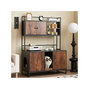 Pet favorites  Enclosure Power Outlet Upgraded 60'' Large Double Hidden Litter Box Shelf Indoor House Furniture With Cat Scratching Pad For 2 Cats Walnut