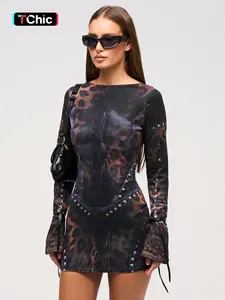 Women's Fashion Printed Round Neck Slim Fit Long Sleeve Bodycon Short Dress, Elegant Everyday Casual Wear for Spring & Fall Seasons