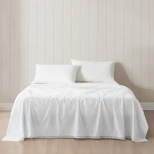 Lush Decor Evelyn Lace Trim Cotton Sheet Set - 4 Piece White Bedding with Delicate Lace Trim for Farmhouse & Coquette Style - 100% Cotton, Machine Washable