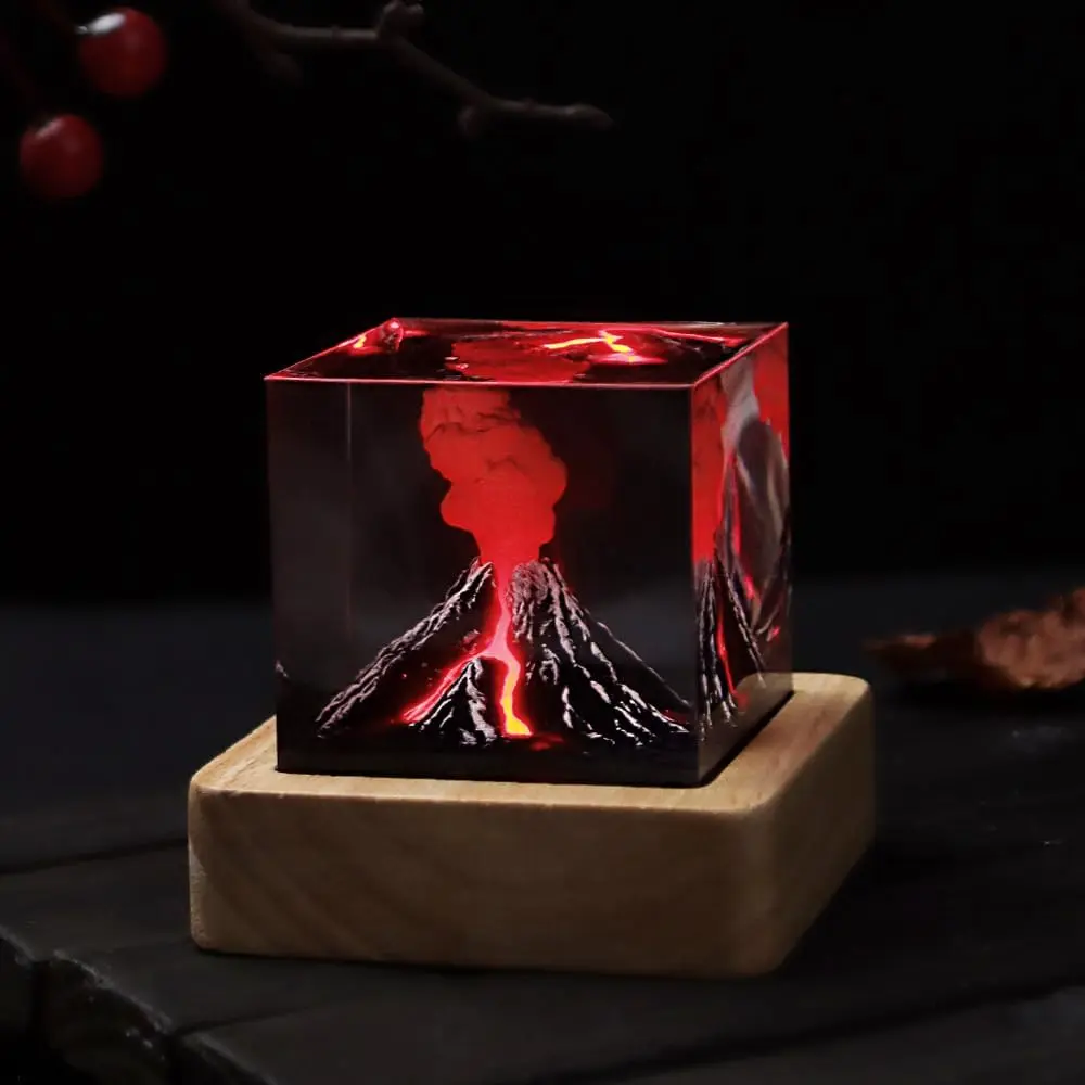 Lava Resin Lamp Volcano Eruption Resin Night Light - 2x2inch Wooden Base Cube Volcano Lamp for Bedroom Decorative - Creative Volcanic Eruption Atmosphere Gift for Office Home Bedside Warm Red Ambient Light