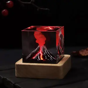 Lava Resin Lamp Volcano Eruption Resin Night Light - 2x2inch Wooden Base Cube Volcano Lamp for Bedroom Decorative - Creative Volcanic Eruption Atmosphere Gift for Office Home Bedside Warm Red Ambient Light
