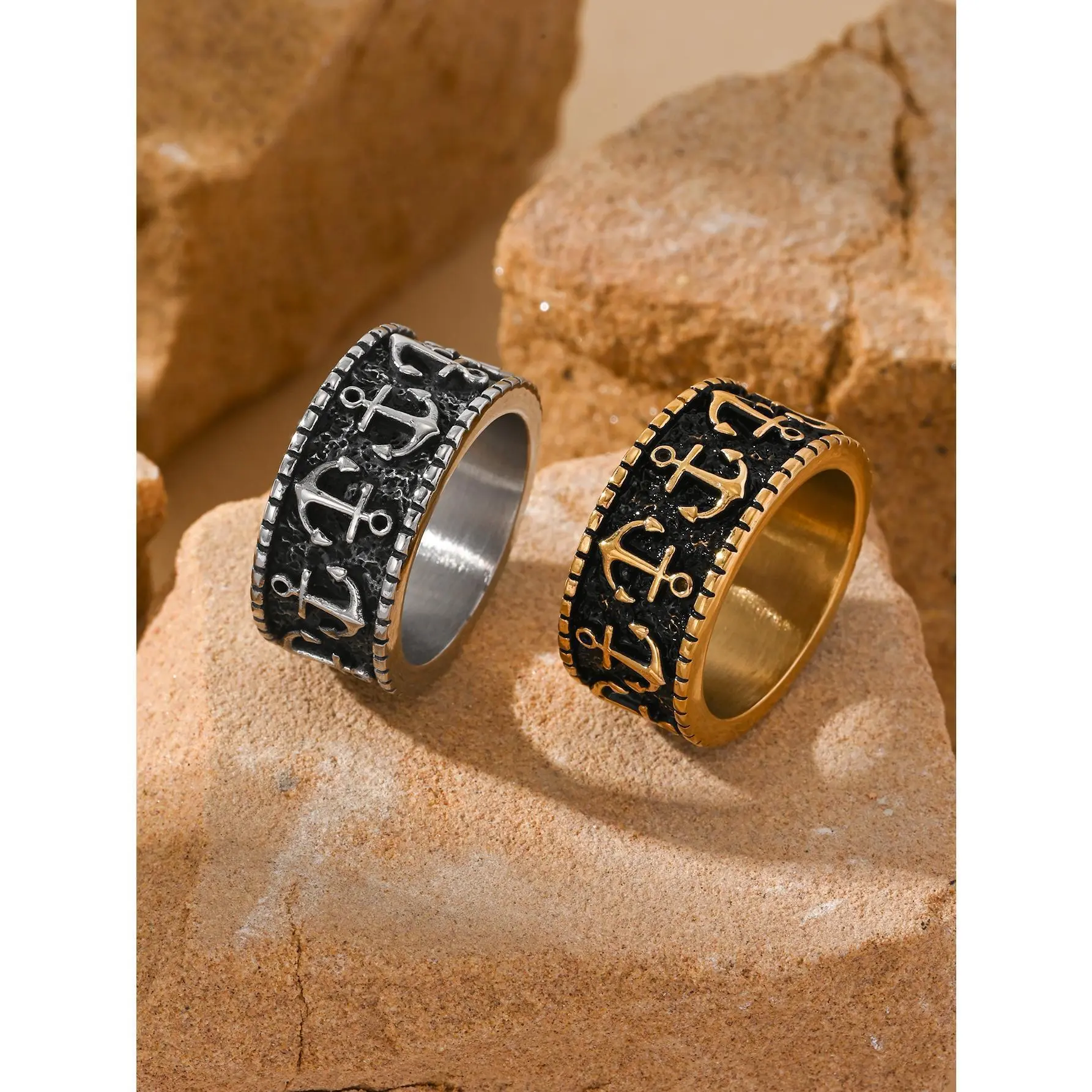 Unisex Multi-Size Stainless Steel Anchor Rings with Embossed Geometric Print - March Daily Fashion Street-Cool Costume Jewelry Accessory, Daily Wear Jewelry, Adjustable Fitted Rings, Embossed Print, Anti-Rust Steel Rings