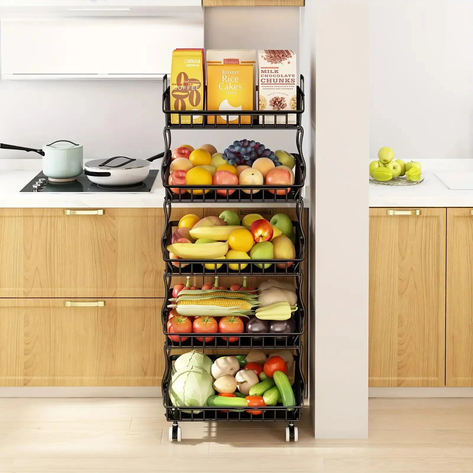 5-Layer Collapsible Metal Grid Storage Cart with Wheels, Multi-Function Organizer for Fruits, Vegetables & Tableware, Kitchen & Dining Room Storage Rack
