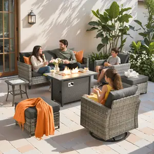 【Summer Vibes】Ovios Patio Furniture Set 7-Piece Outdoor Wicker Rattan Sectional Sofa with Cushions, 42'' Propane Fire Pit Table & Rocking Swivel Chairs, All-Weather Conversation Set for Backyard Garden Deck Patio