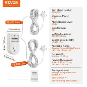 VEVOR Sump Pump Alarm, Indoor/Outdoor High Water Septic Tank Alarm With HI/LO Dual Sensors, 85dB Loud Alarm and 16.4ft Extended Sensor Cable, For Sewage Pits, Submersible, Utility