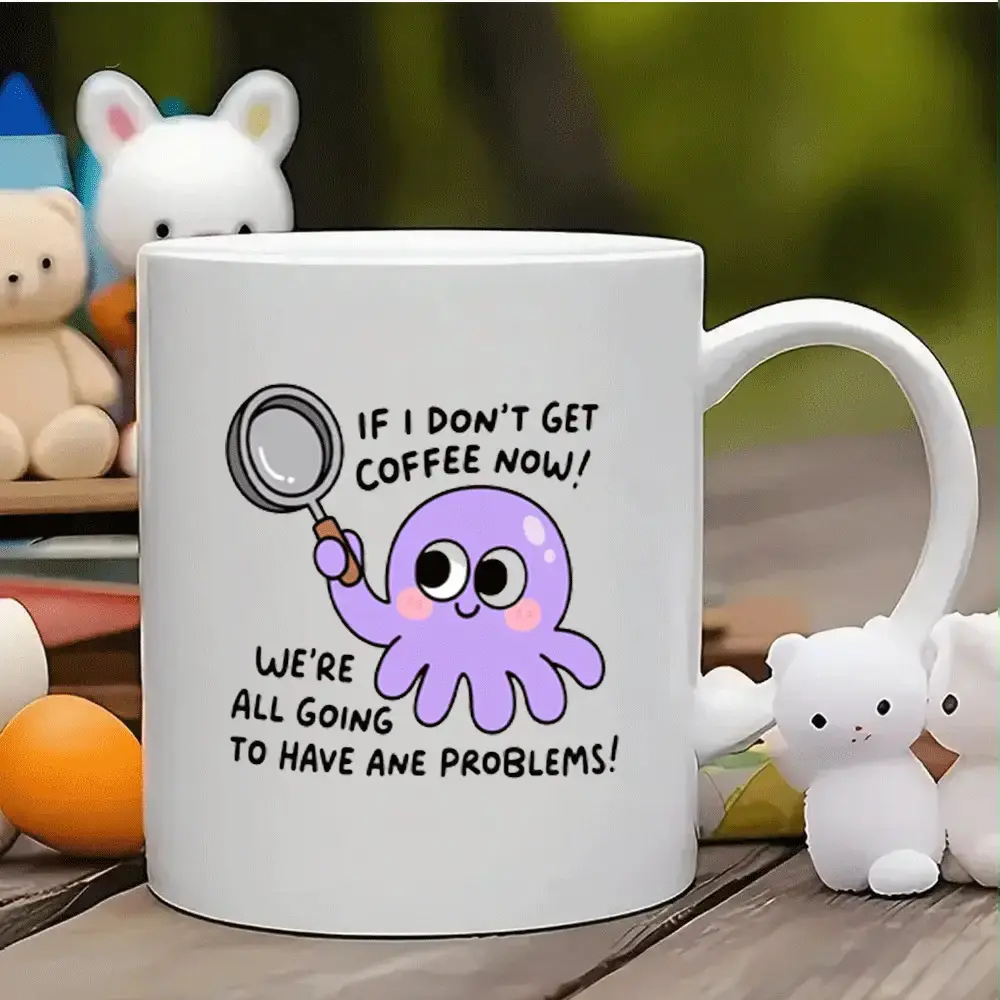 1pc Funny Coffee Mug with Magnifying Glass - Cute Purple Octopus Problem Solver Design, Dishwasher Safe Ceramic Cup with Sturdy Handle for Hot/Cold Drinks, Birthday, Christmas, Office Gifts - Funny Kitchen Decor for Coffee & Tea Lovers, Holiday Gift Idea,