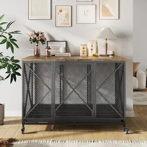 Heavy Duty Dog Crate with Flip-up Top 48in Large Dog Kennel Furniture with Lockable Wheels Indoor Decorative Pet Cage Side End Table for Large Medium Small Breeds Black+ Brown